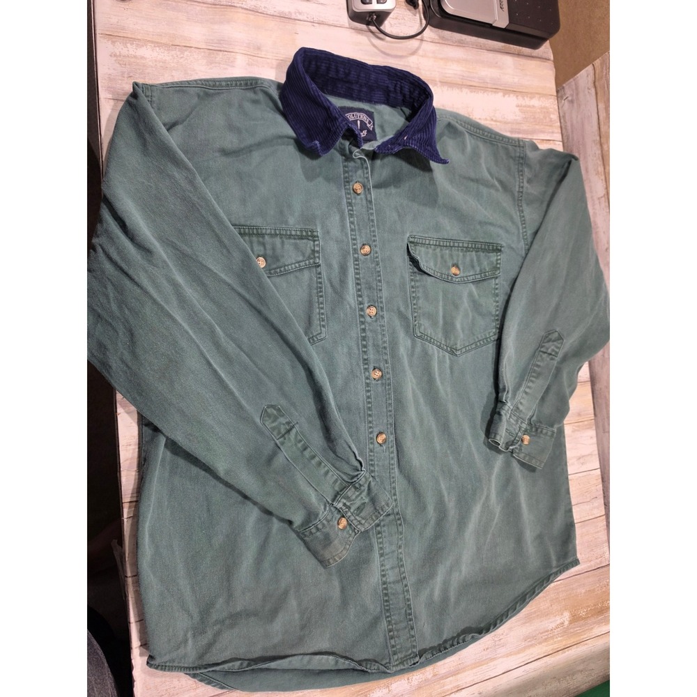 Solutions Original Mens Green Button Down Shirt Corduroy Collar Vintage Medium